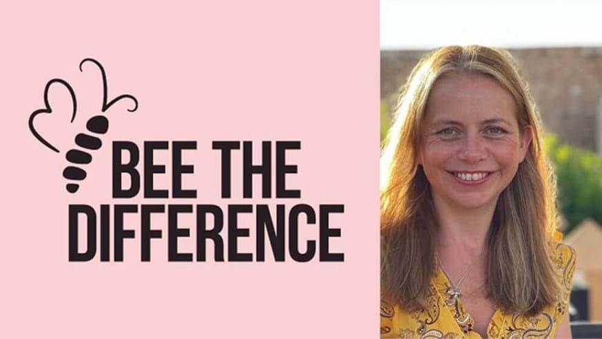 Image shows the Bee The Difference campaign logo - black bee and black lettering on a pink background - and a head and shoulders photo of Dr Cath Hill to the right