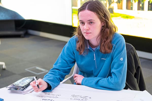 Researcher sat a table writing on flip paper 