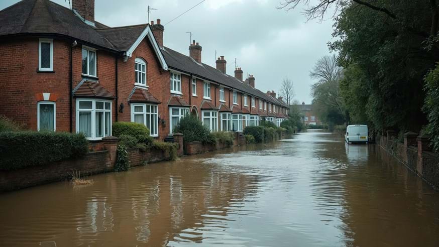 Image shows a flooded street with a terrace of red-brick houses on the left with a white vehicle marooned on the right next to trees