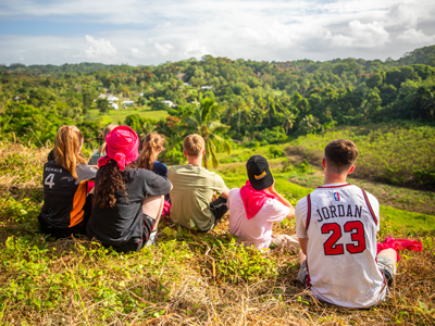 A group of Lancaster students enjoying the view during their ThinkPacific trip to Fiji