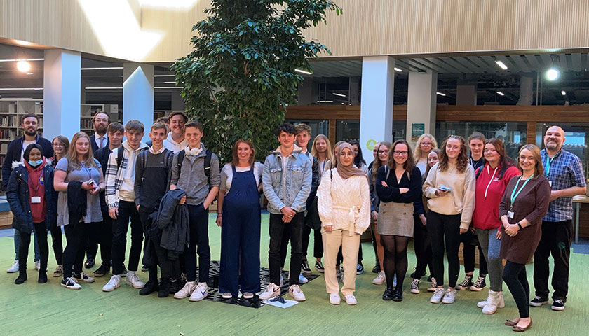 Students from Haslingden School under the library tree