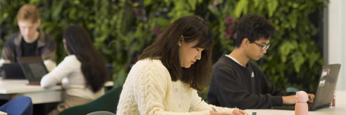 Students by the green wall in the Library