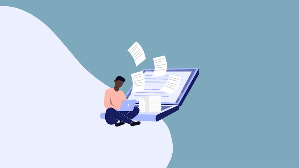 A cartoon character sat at a laptop with papers flying out of the screen. 