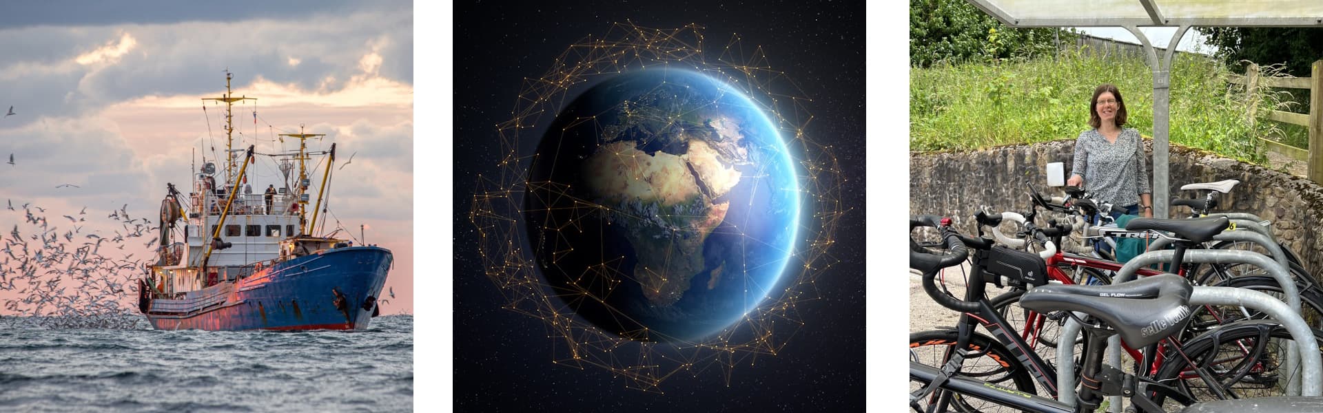 A fishing boat, a woman with parked bikes, a stylised globe overlaid with connecting lines 