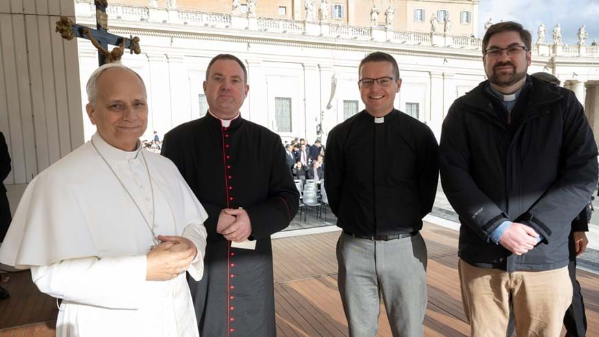 from left: Canon Michael Docherty (Catholic), Reverend Matt Guilder (Church of England) and Reverend John Rogers (Lead Chaplain and Baptist Minister) with the Pope