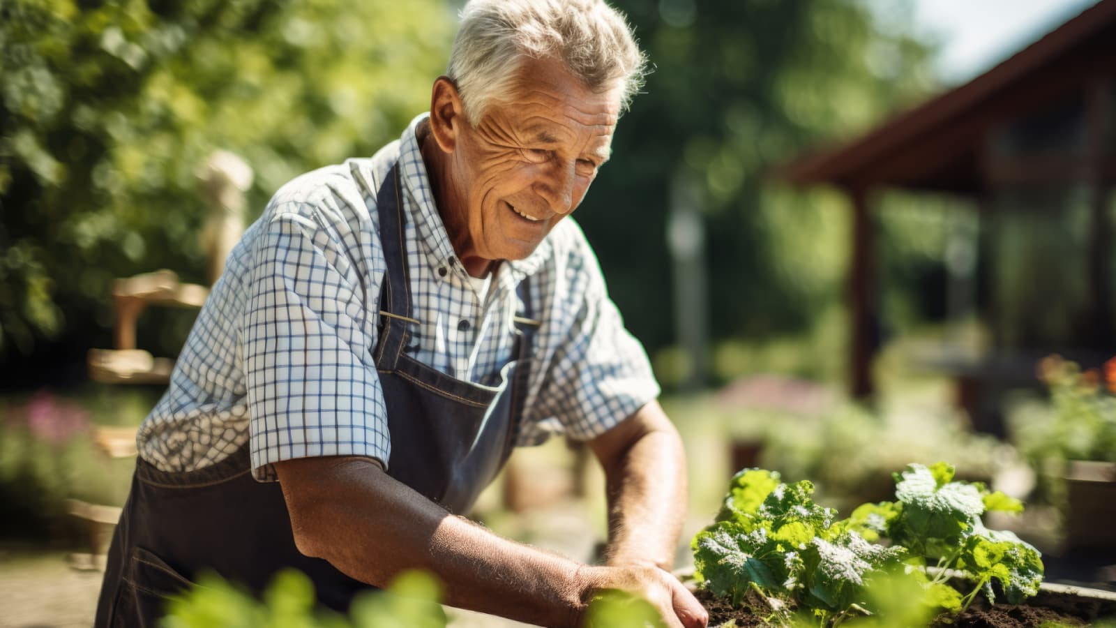 An old man crouches before a vegetable bed on a community farm.