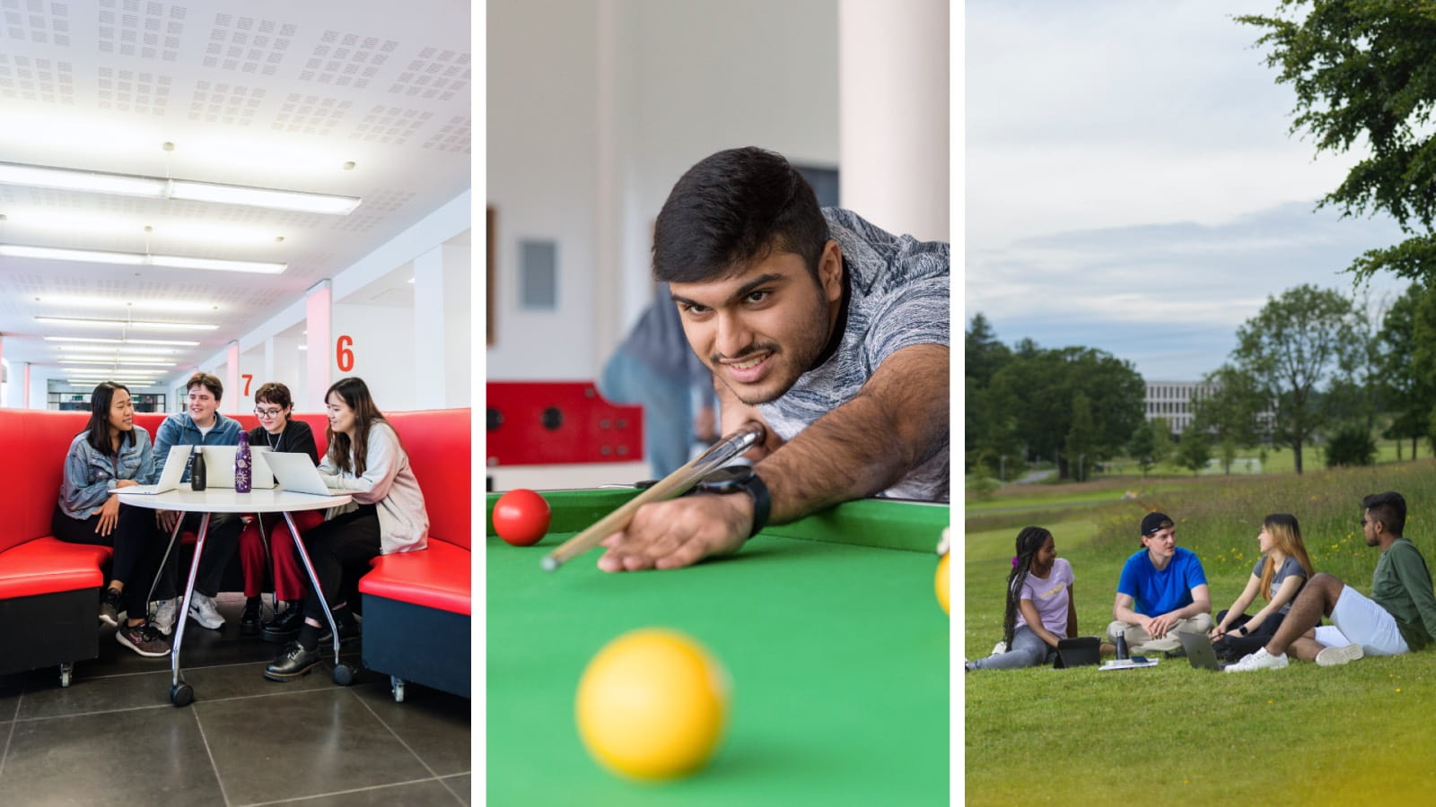 A collage of 3 photos. The first shows a group of students at a table on a red circular couch in the Learning Zone. The second shows a student leaning over a pool table. The third shows four students sitting on the grass overlooking the campus.