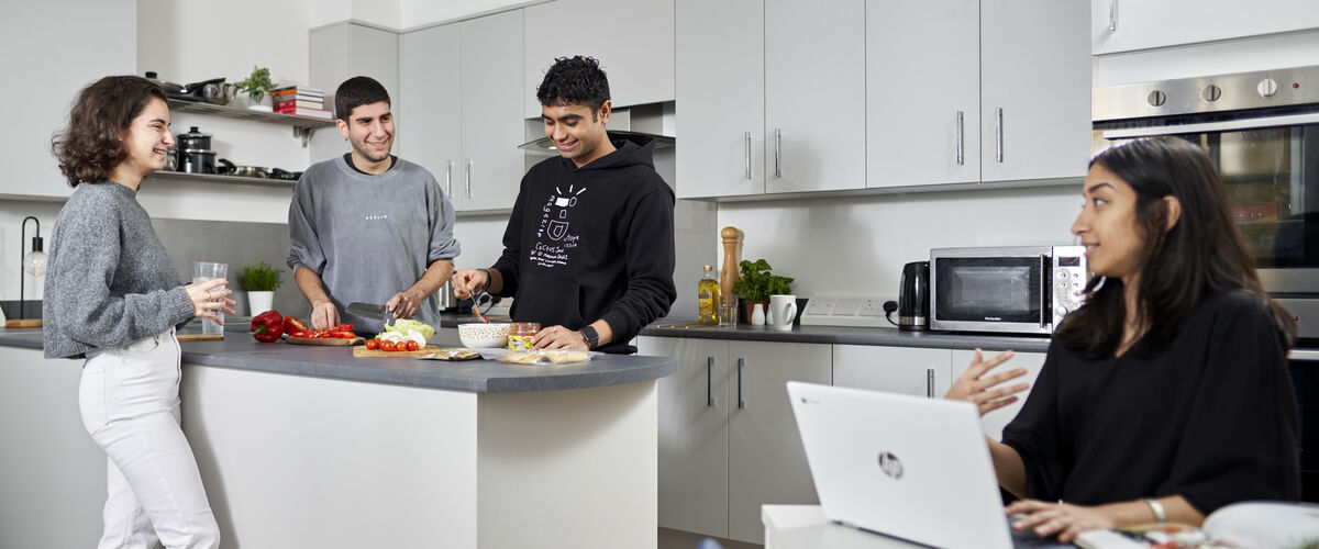 Students in a kitchen in student accommodation