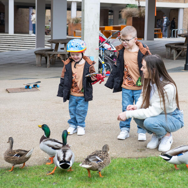 Two children and mother feed some ducks on campus.