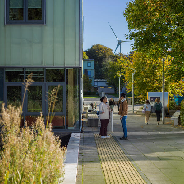 Students chatting on campus with our wind turbine visible in the background.