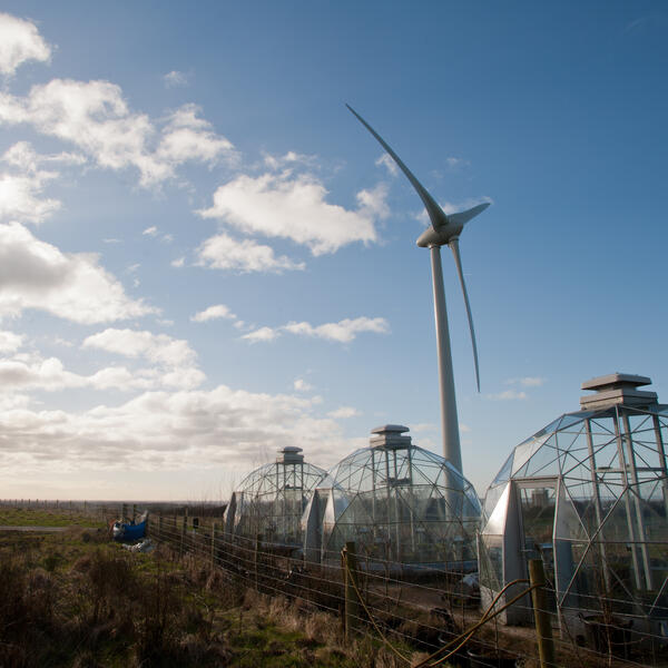 Lancaster's wind turbine is pictured against the sky