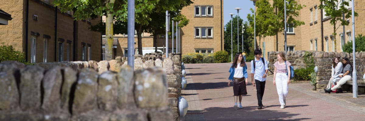 Students walk down an avenue between accommodation blocks.