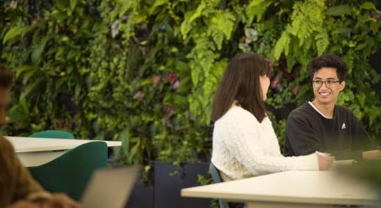 Two students in conversation in front of one of the Library