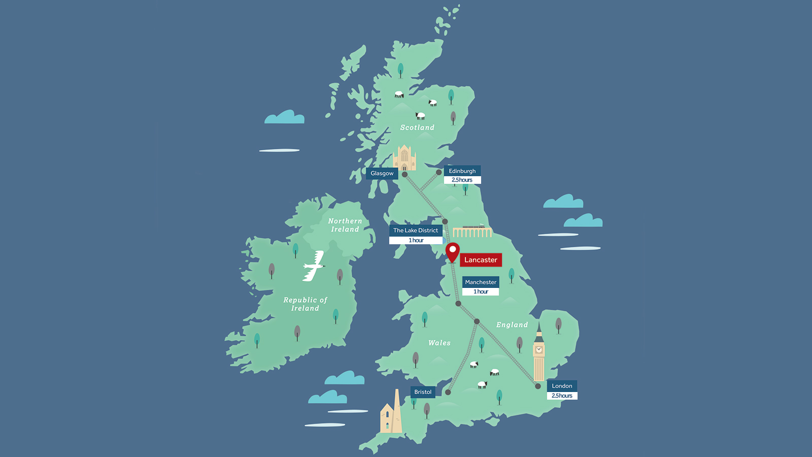 A map of the UK with approximate travel times from large cities