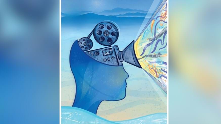 Graphic depicting a film camera positioned on a blue silhouetted outline of a head with the lens streaming out ribbons of film reel and different coloured ribbons. The head is positioned to look like it is on a wave in the Bay.