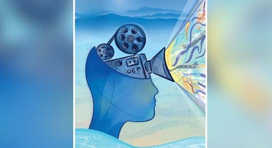 Graphic depicting a film camera positioned on a blue silhouetted outline of a head with the lens streaming out ribbons of film reel and different coloured ribbons. The head is positioned to look like it is on a wave in the Bay.