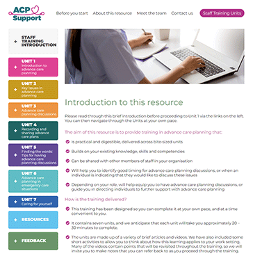 A screenshot of the ACP Support Staff Training units webpage