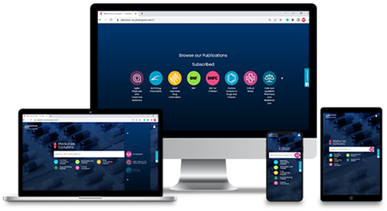 A variety of devices showing the host page for MedicinesComplete database
