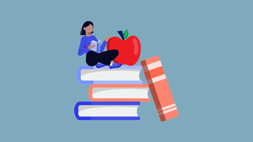 Image of person sat on a pile of large books reading a book in their hand. They are cartoon style with long black hair.