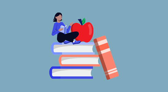 Image of person sat on a pile of large books reading a book in their hand. They are cartoon style with long black hair.